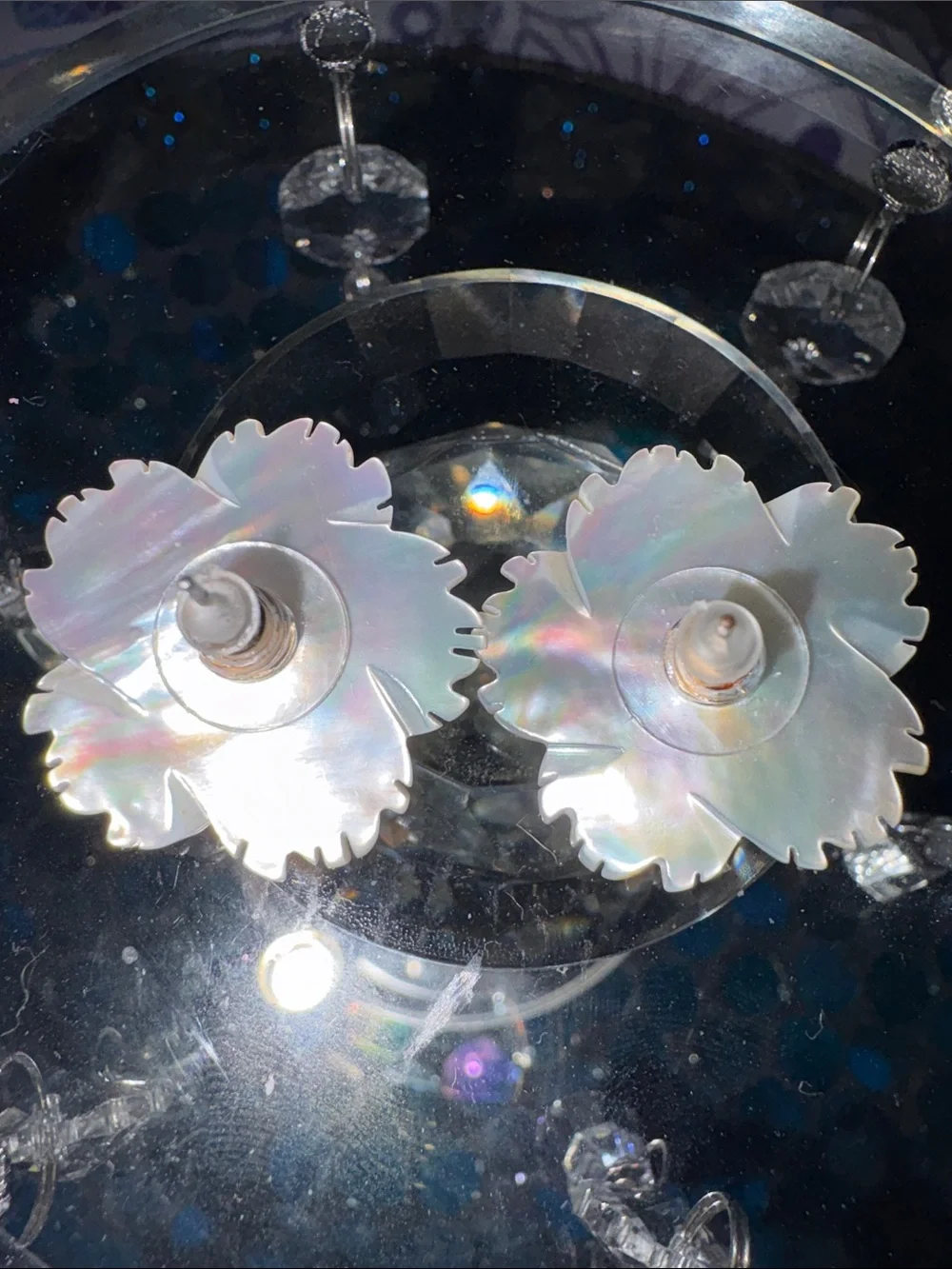 White Iridescent Mother of Pearl Floral Earrings Designer Inspired. Indonesia.